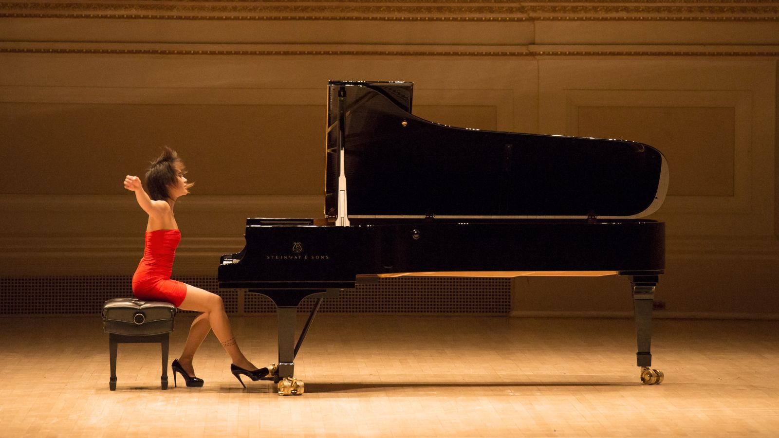 Yuja Wang performing on a Steinway grand piano